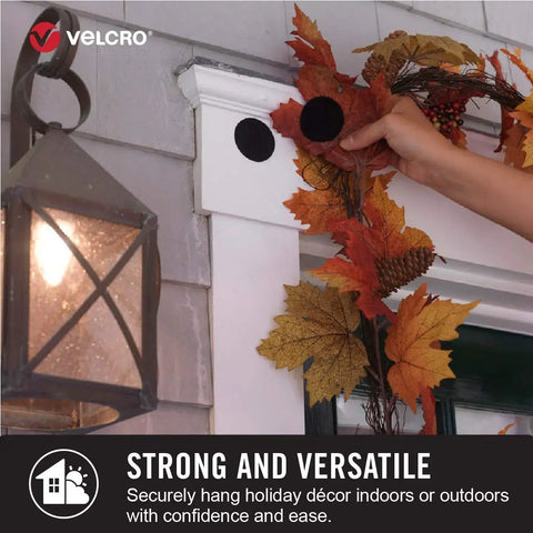 Heavy Duty Industrial Hook And Loop Fasteners With Rock Solid Adhesive Backing Water Resistant Sticky Pads For Indoor And Outdoor Use Tough Circular Disc Strips Hold Up To Ten Pounds securing fall leaves on outdoor decor.