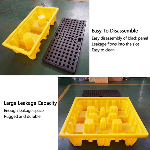 Heavy Duty Two Drum Spill Pallet With Leakproof Polyethylene Drain Pan Tray For Industrial Garage Storage Low Profile Design with detachable black sump pad.