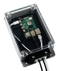 Heavy Duty IP65 Outdoor Project Enclosure For Raspberry Pi And Arduino Boards showing a Raspberry Pi inside a clear rugged case with cables.
