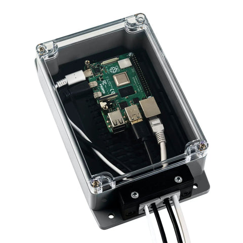 Heavy Duty IP65 Outdoor Project Enclosure For Raspberry Pi And Arduino Boards showing a Raspberry Pi inside a clear rugged case with cables.