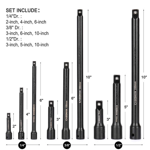 9 Piece Socket Extension Bar Set For 1/4, 3/8, And 1/2 Inch Drives With 2, 4, 6, 3, 6, And 10 Inch Extensions in display setup