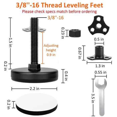 Heavy Duty Leveling Feet With 3/8 Inch 16 Thread And T Nut Kits, 2.2 Inch Large Base Furniture Levelers dimensions and parts