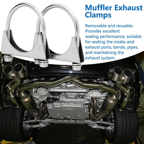 2.5 Inch U-Bolt Exhaust Clamp Saddle Style For Muffler Piping, beefy and corrosion-resistant metal under car exhaust view