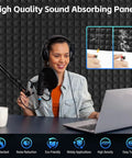 DIY Friendly Black Acoustic Foam Panels Twelve Inch Peel And Stick Sound Dampening Tiles Two Inch Thick Ultra Dense Fire Resistant Echo Absorbing Wall Pads For Studio And Garage Space in a recording setup.