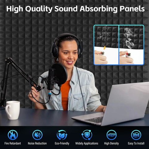 DIY Friendly Black Acoustic Foam Panels Twelve Inch Peel And Stick Sound Dampening Tiles Two Inch Thick Ultra Dense Fire Resistant Echo Absorbing Wall Pads For Studio And Garage Space in a recording setup.