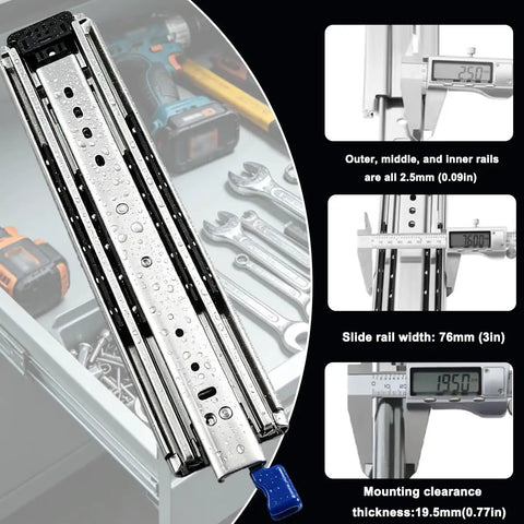 Heavy Duty Locking Drawer Slides 76mm Wide For File Cabinets And Tool Trucks, 3 Fold, 1 Pair, Sturdy Locking Mechanism That Keeps Drawers From Sliding Open In Transit., stainless steel slide rail with 76mm width and 19.5mm clearance