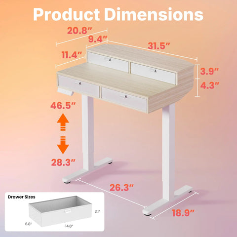Dimensions and drawer sizes of 32 By 20 Inch Electric Standing Desk With Four Drawers, Adjustable Height Sit Stand Home Office Desk