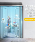 Solid As A Rock Sixty Inch Commercial Air Curtain Stainless Steel Build Kicks Out Freezing Air And Bans Flies Forever With One Thousand Five Hundred Cfm Output For Busy Restaurants Garages Or Warehouses, showing an air curtain installation with visible bugs and dust illustration.
