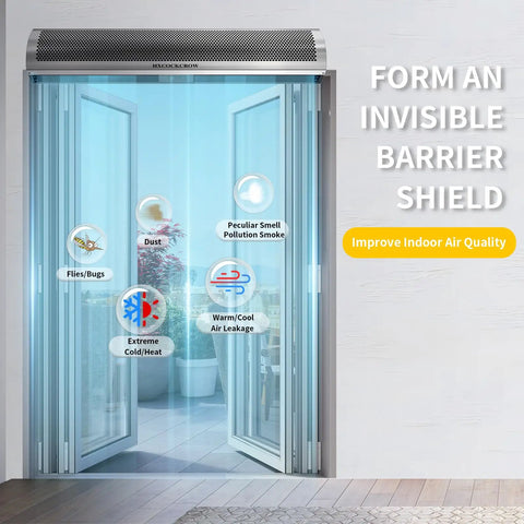 Solid As A Rock Sixty Inch Commercial Air Curtain Stainless Steel Build Kicks Out Freezing Air And Bans Flies Forever With One Thousand Five Hundred Cfm Output For Busy Restaurants Garages Or Warehouses, showing an air curtain installation with visible bugs and dust illustration.