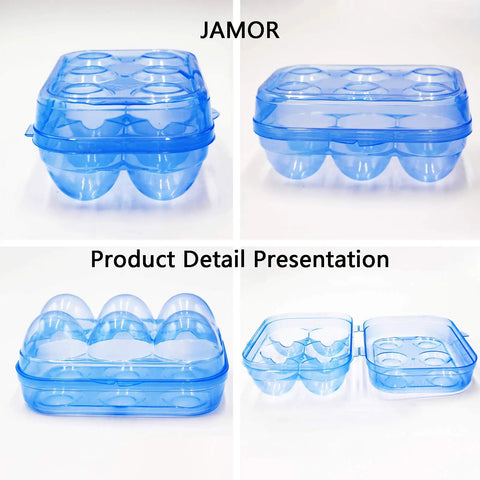 Six Grid Egg Storage Box For Refrigerator And Camping, Blue BPA-free portable egg carrier, shown open and closed in detail.