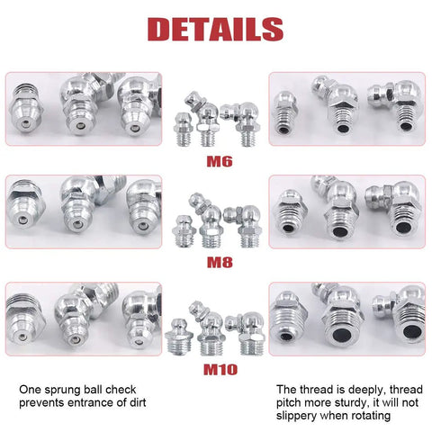 123 Piece Metric Hydraulic Zerk Grease Fittings Kit With 9 Common Sizes Including M6 X 1 Straight 45 And 90 Degree M8 X 1 Straight 45 And 90 Degree M10 X 1 Straight 45 And 90 Degree Perfect For Auto Repair Bike And DIY Projects details view