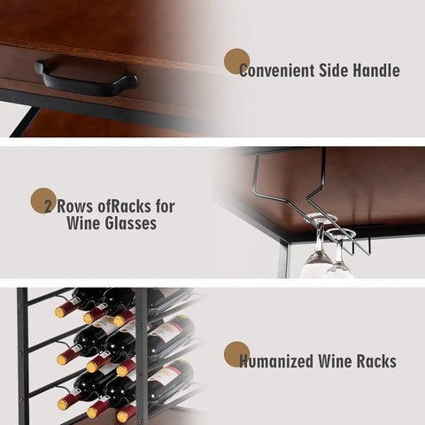 Slick Rolling Kitchen Island Cart With Rustic Brown Wood And Steel Frame Nine Bottle Wine Rack Double Glass Holders Lockable Wheels Utility Beverage Trolley For Tight Spaces And Weekend Kickbacks