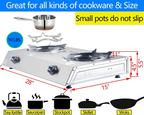 2 Burner Propane Stove With Auto Ignition 26000 BTU Stainless Steel Outdoor Cooker with cookware compatibility details.