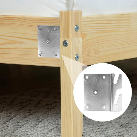 Premium Top Notch Heavy Duty Four Pack Bed Rail Brackets Forged From Solid Zinc Iron With Five Hole Layout for bed frame, showing installation.