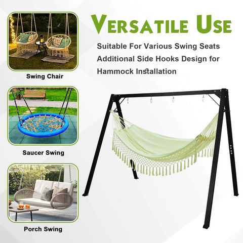 8Ft Heavy Duty Swing Stand With Extra Large Frame For Outdoor Hammocks, tested to 880 lbs, shown with various swing options
