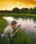 Person fishing with Grab And Go Pocket Telescopic Fishing Rod And Reel Combo by a lake at sunset, showcasing collapsible stainless steel pole.