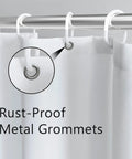 Close-up view of white shower curtain with rust-proof metal grommets. Bible Verse Shower Curtain Boho Green Leaves Modern Minimalist Bathroom Decor 60 by 72 Inches Polyester Water Resistant Quick Dry With 12 Hooks Included visible.