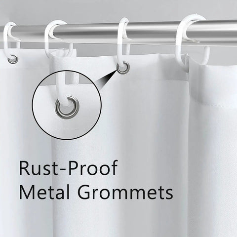 Close-up view of white shower curtain with rust-proof metal grommets. Bible Verse Shower Curtain Boho Green Leaves Modern Minimalist Bathroom Decor 60 by 72 Inches Polyester Water Resistant Quick Dry With 12 Hooks Included visible.