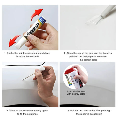 Premium White Touch Up Paint Pen For Vehicles Super Rapid Auto Scratch Remover demonstration of shaking and applying the pen.
