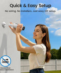 Person installing solar security cameras wireless outdoor kit with 2 minute easy DIY install no subscription required, sunny day.