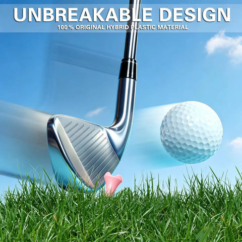 Durable Plastic Golf Tees 60 Pack In Two And Three Quarters Or Three And One Quarter Inch Sizes Plastic Jar With Lid Color Assortment Pink White Blue Built To Last And Cut Down Friction For Longer Straighter Drives with golf club and ball on grass.