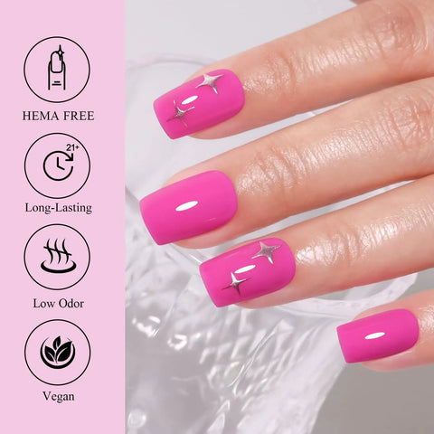 Close-up of manicured hand with pink Hema Free Pink Gel Nail Polish Set, featuring star decals, soak off, long-lasting up to 4 weeks.