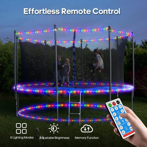Lit Solar Rope Lights for Outdoor Trampoline Setup 66Ft 200LED with 1800mAh Battery IP67 Waterproof 8 Modes and Timer on trampoline