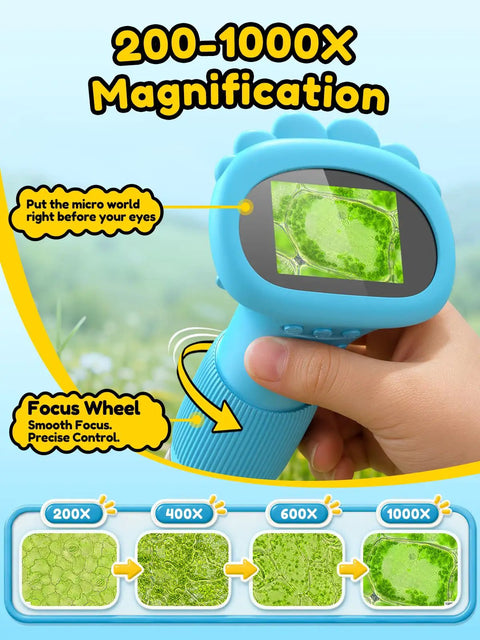 Kids 1000X Handheld Digital Microscope With 2.0 Inch Screen, Kid-Friendly Portable MiniScope For Education, Perfect Birthday Gift For Ages 3 to 10, Clear High-Res Magnification, 8 Adjustable LEDs, Explore Tiny Details, blue handheld model in use