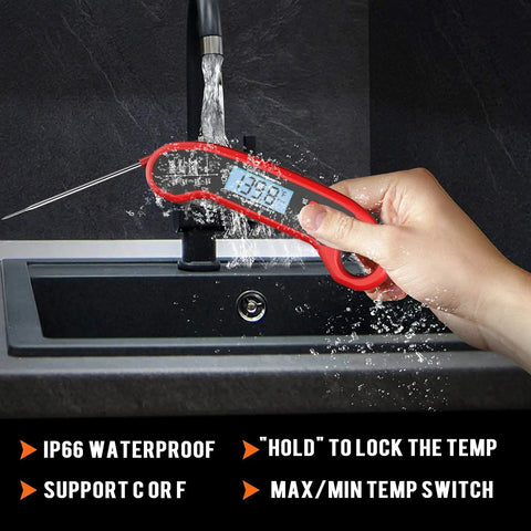 Hand holding Instant Read Digital Meat Thermometer For Grill And Kitchen Waterproof Outdoor BBQ Thermometer under running water