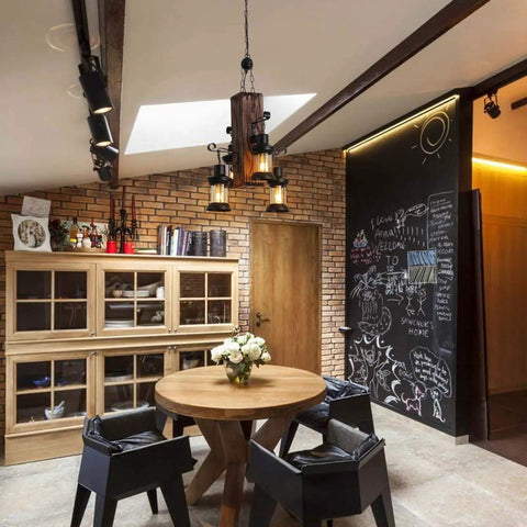 Industrial Vintage Wooden Hanging Pendant Light With 4 Bulbs Dope Retro Loft Lantern Chandelier Suspension Lighting Fixture For Coffee Shops And Restaurants Black Finish in dining room setting.