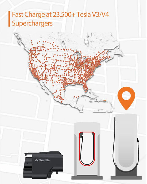 Map showing locations of Tesla Superchargers with No Sweat NACS To CCS EV Charging Adapter, UL Certified 500 Amp Fast Charge Plug.
