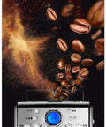 No Sweat Bean To Cup Coffee Maker With Fully Automatic One Button Brew showing stainless steel body and floating coffee beans.