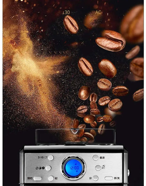No Sweat Bean To Cup Coffee Maker With Fully Automatic One Button Brew showing stainless steel body and floating coffee beans.