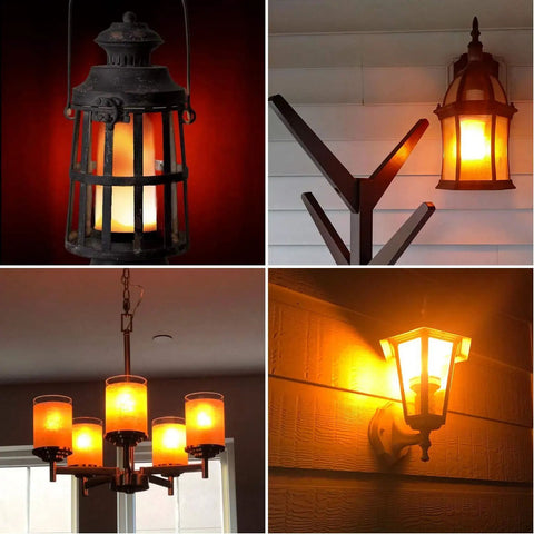 LED Flicker Flame Light Bulbs 4 Pack With Realistic Fire Flicker, E26 6W, illuminating various lanterns and chandeliers indoors and outdoors