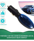 Gas Saver Plug And Play For Cars Trucks And Diesels Instantly Boosts Fuel Efficiency Save More Fuel With No Tools Needed Easy Cigarette Lighter Install Keeps Your Vehicle Running Smoother And More Responsive On The Road, shown as a black and blue car accessory next to vehicle illustration with text on features.