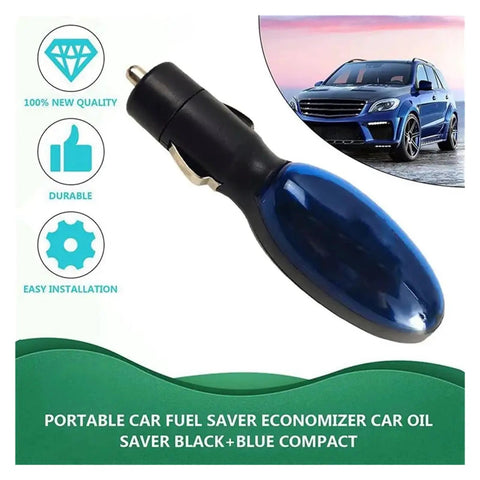 Gas Saver Plug And Play For Cars Trucks And Diesels Instantly Boosts Fuel Efficiency Save More Fuel With No Tools Needed Easy Cigarette Lighter Install Keeps Your Vehicle Running Smoother And More Responsive On The Road, shown as a black and blue car accessory next to vehicle illustration with text on features.