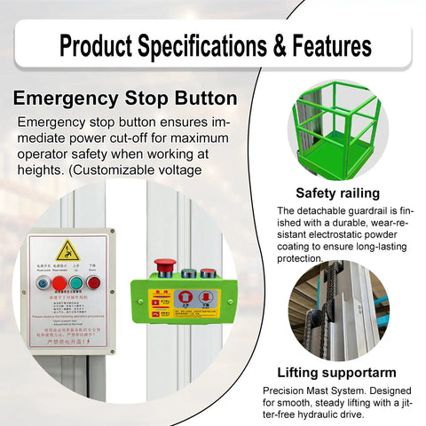 Rock Solid Electric Hydraulic Man Lift control panel showcasing emergency stop button and safety railing features.