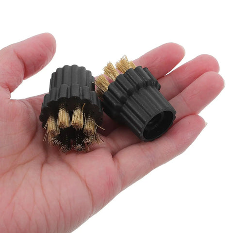 Heavy Duty Replacement Steam Cleaner Brush Heads 6 Pack Tough Nylon Bristle Mop Attachments in hand for floor cleaning.