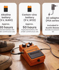 DS1 Distortion Pedal Bundle With Gearlux Power Supply, Instrument Cable on a wooden floor with battery life info