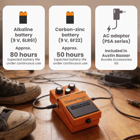 DS1 Distortion Pedal Bundle With Gearlux Power Supply, Instrument Cable on a wooden floor with battery life info