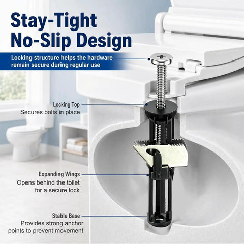 Stay-Tight No-Slip Design of Six Pack Heavy Duty Toilet Seat Replacement Bolt Kit Featuring Rock Solid 304 Stainless Steel Fasteners.