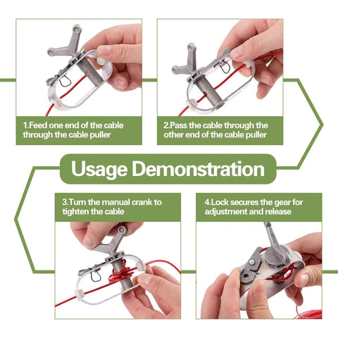 Hand Operated Mini Winch For Outdoor Use Built Tough With Rust Proof Aluminum Delivers Smooth Tension For Tent Ropes Clotheslines And Pool Covers Compact Yet Durable Easy To Tighten And Maintain In Any Weather. usage demonstration with hands threading cable