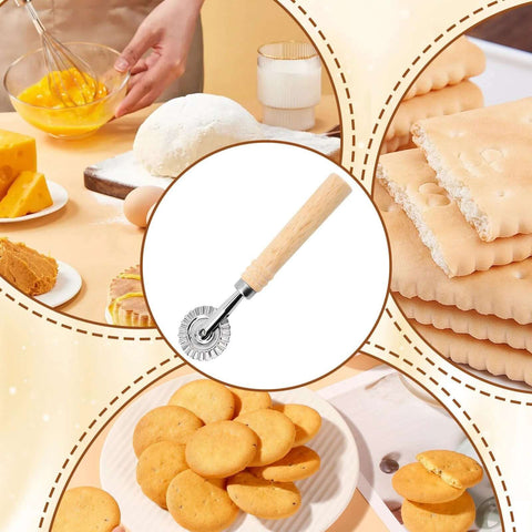 Front view of pastry wheel cutter with fluted wheel and wooden handle for dough and pastry