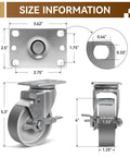 Size diagram of 4 Inch Heavy Duty Cast Iron Caster Wheels Set Of 4 With 1600 Lb Load Capacity, showing dimensions and braked design.