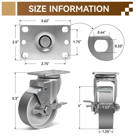 Size diagram of 4 Inch Heavy Duty Cast Iron Caster Wheels Set Of 4 With 1600 Lb Load Capacity, showing dimensions and braked design.