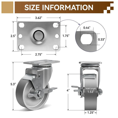 Rock Solid 4 Inch Casters Heavy Duty Industrial Caster Wheels Set Of 4 With 1600 Lb Load Rating size dimensions illustration