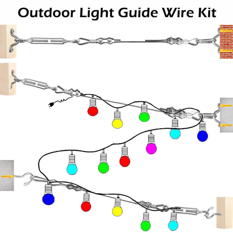 Heavy Duty Outdoor String Light Hanging Kit with black vinyl coated 246 ft stainless steel wire, turnbuckles, and colorful bulbs