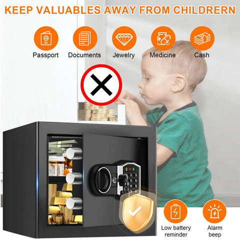 Compact Home Fireproof Safe With Programmable Keypad And Alarm shown with open door revealing contents, child nearby
