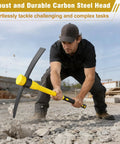 Man using 36 Inch Pick Mattock With Heavy Duty Rail Steel Head And Fiberglass Handle, 2 In 1 Adze Hoe And Pick Axe For Digging
