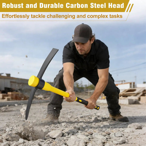 Man using 36 Inch Pick Mattock With Heavy Duty Rail Steel Head And Fiberglass Handle, 2 In 1 Adze Hoe And Pick Axe For Digging